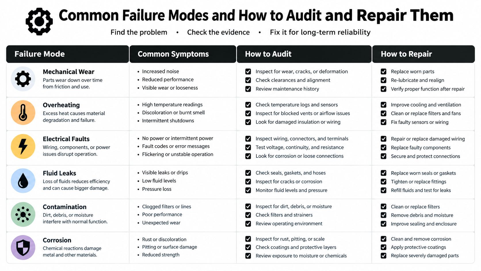 A chart detailing common mechanical failure modes, symptoms, audit procedures, and repair methods for industrial equipment.