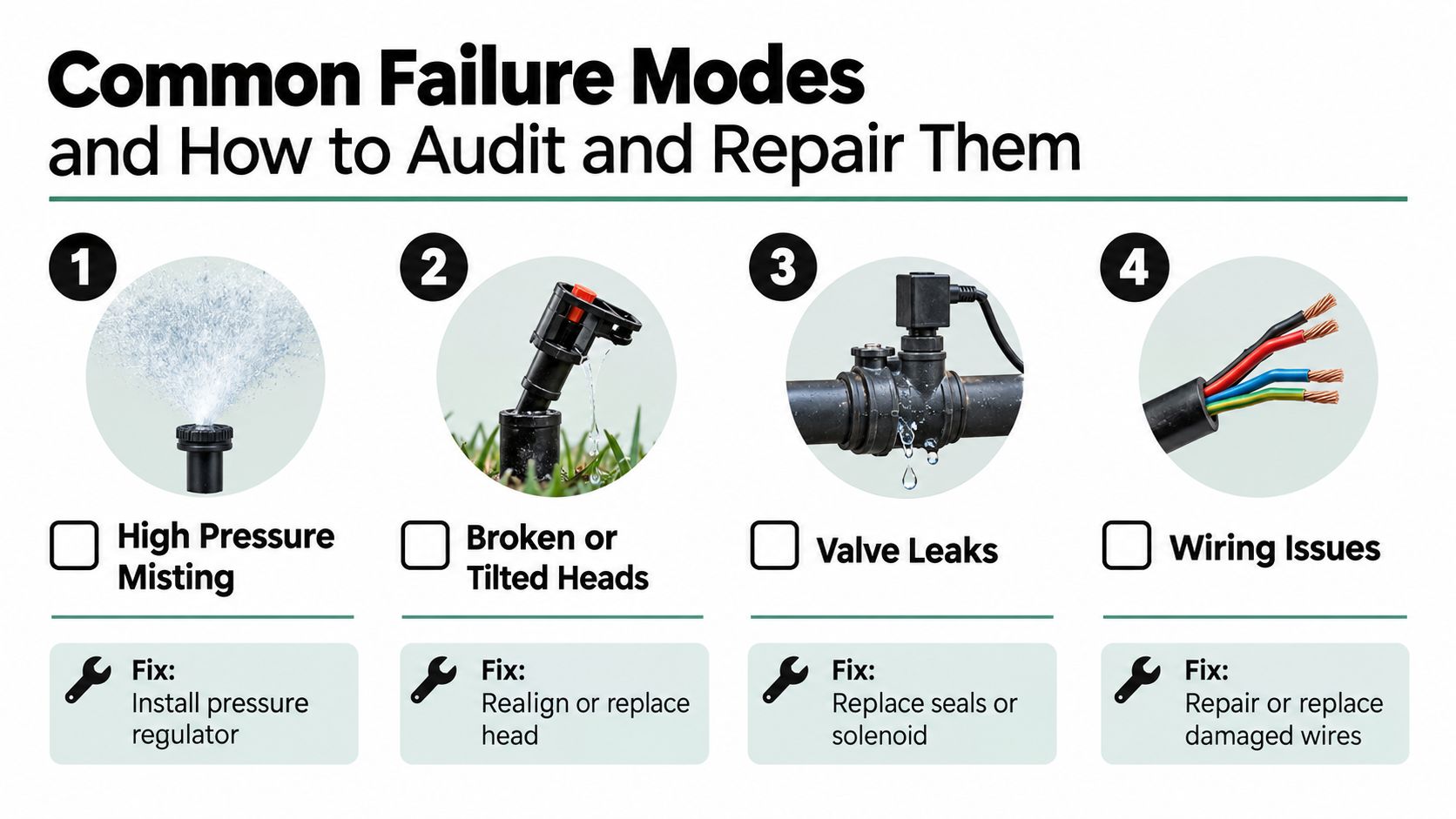 An infographic illustrating four common irrigation system failure modes with suggested repair steps for homeowners.