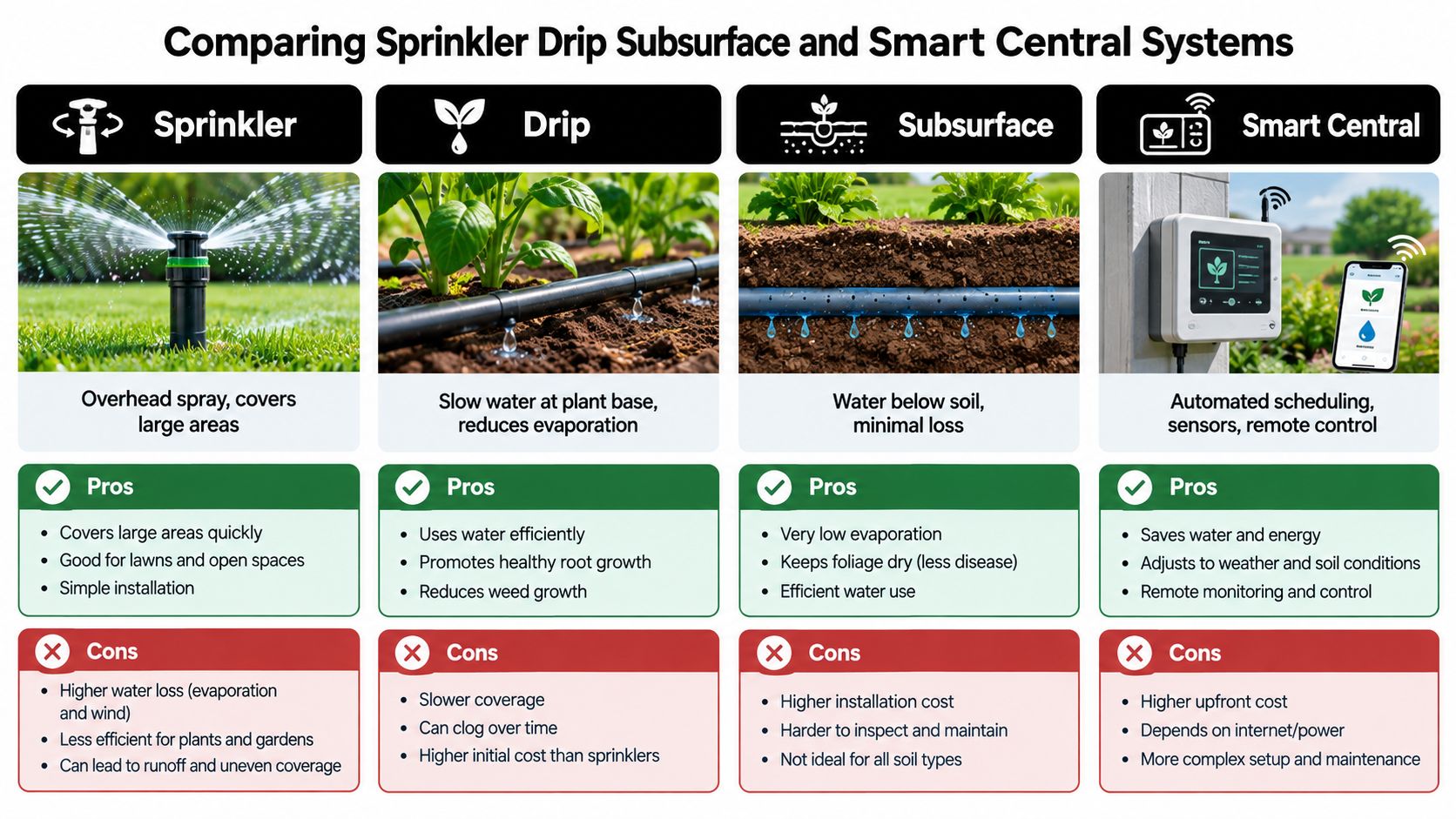 A comparison chart outlining the pros and cons of sprinkler, drip, subsurface, and smart central irrigation systems.
