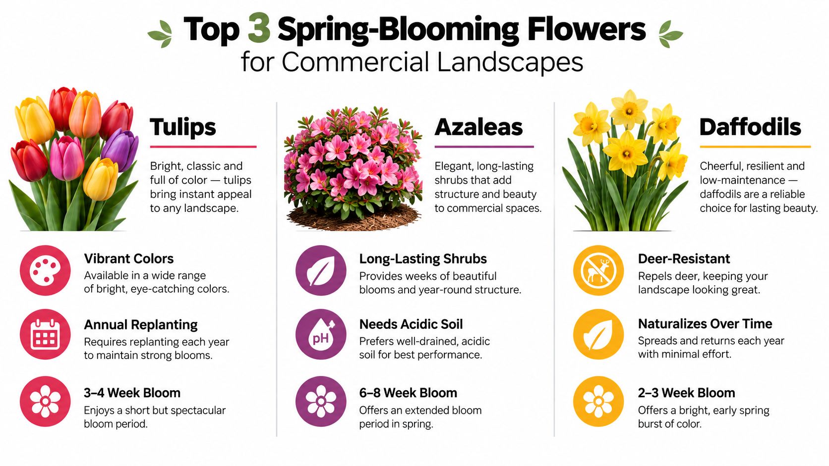 An infographic displaying the top three spring-blooming flowers for commercial landscapes: tulips, azaleas, and daffodils.