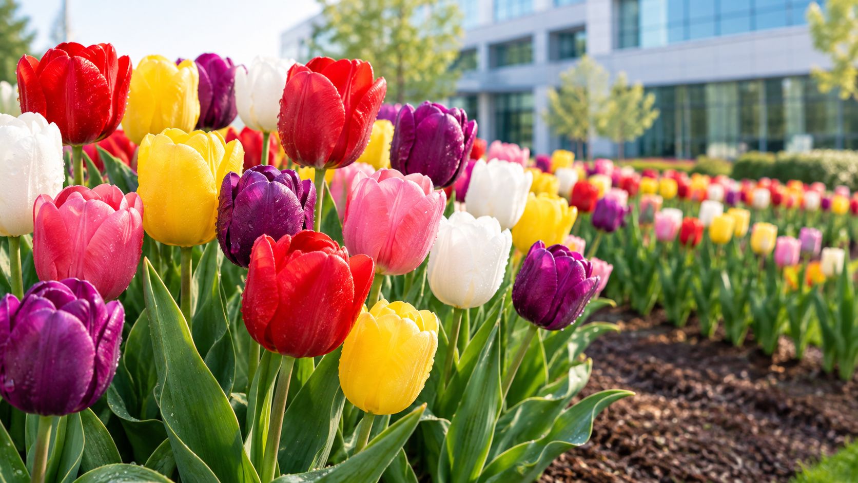 A vibrant bed of colorful tulips including red, yellow, pink, white, and purple blooms in spring.