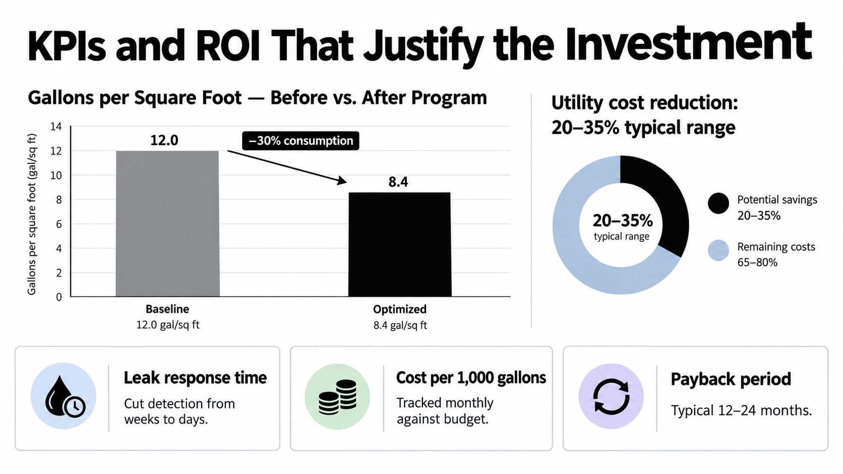 A chart showing how a water management system reduces utility costs and consumption with performance metrics.