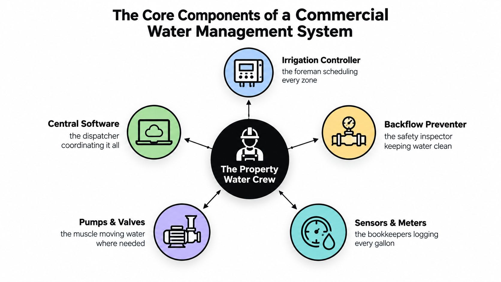 A diagram illustrating the core components of a commercial water management system with a central property crew.