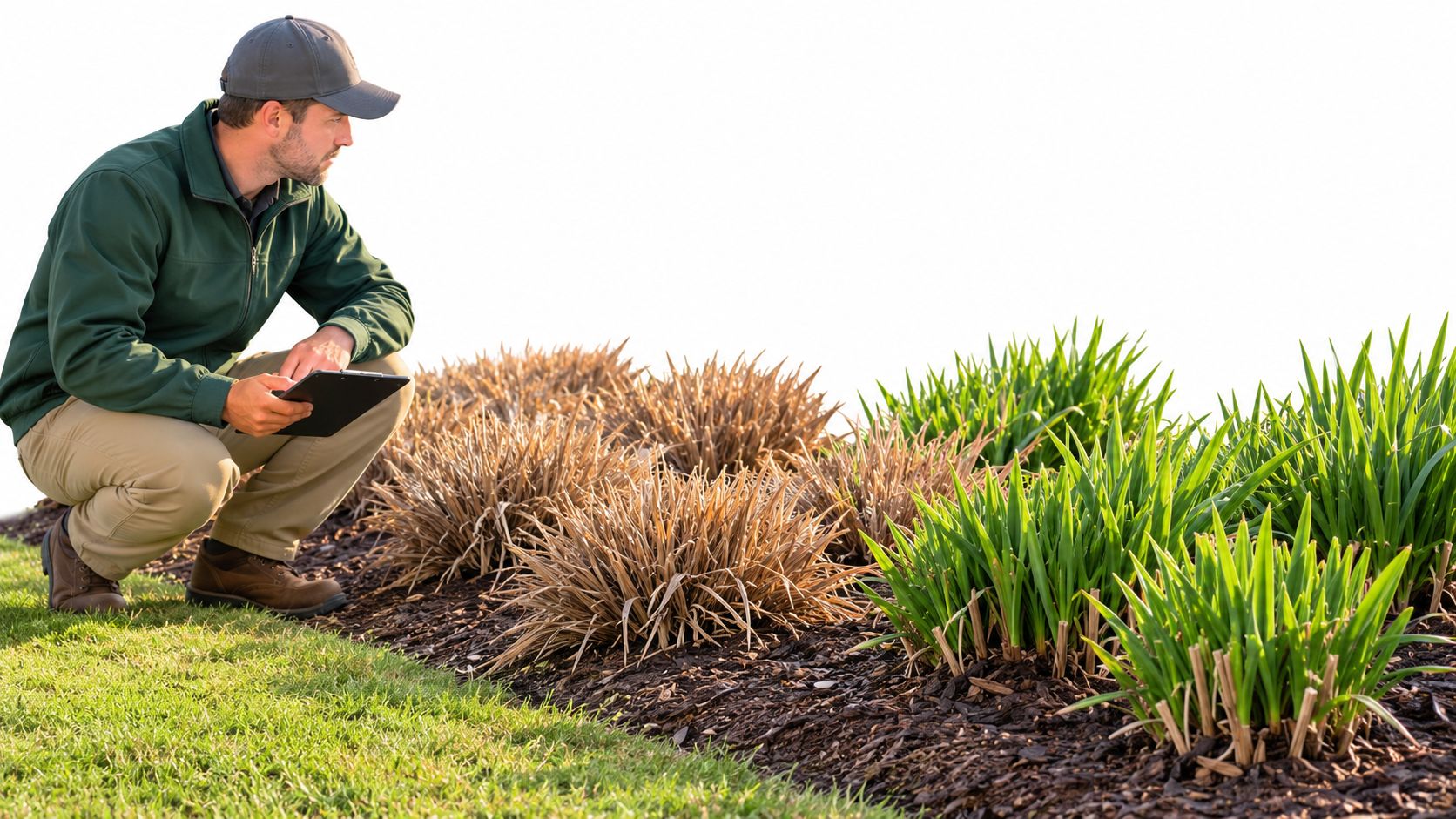 A professional landscaper wearing a cap and jacket crouches while examining plants in a garden bed.