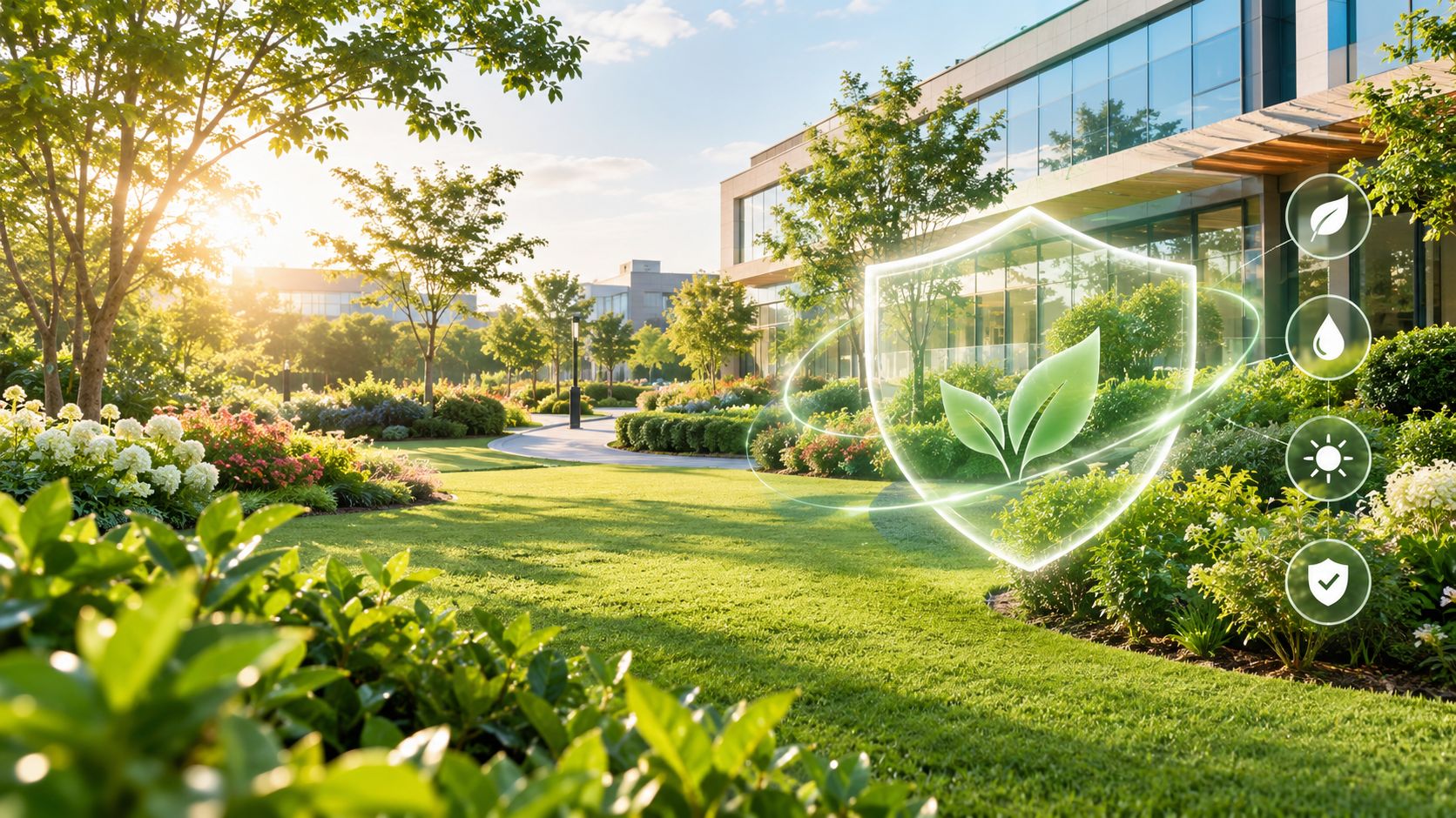 A modern eco-friendly office building with a lush green garden landscape and digital sustainability icons.