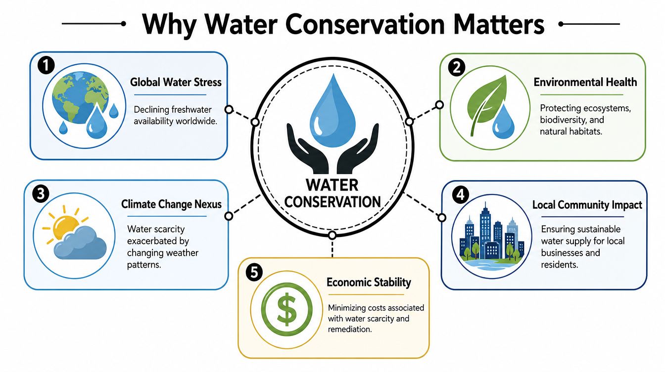 An infographic titled Why Water Conservation Matters highlighting its importance through five key categories and illustrations.