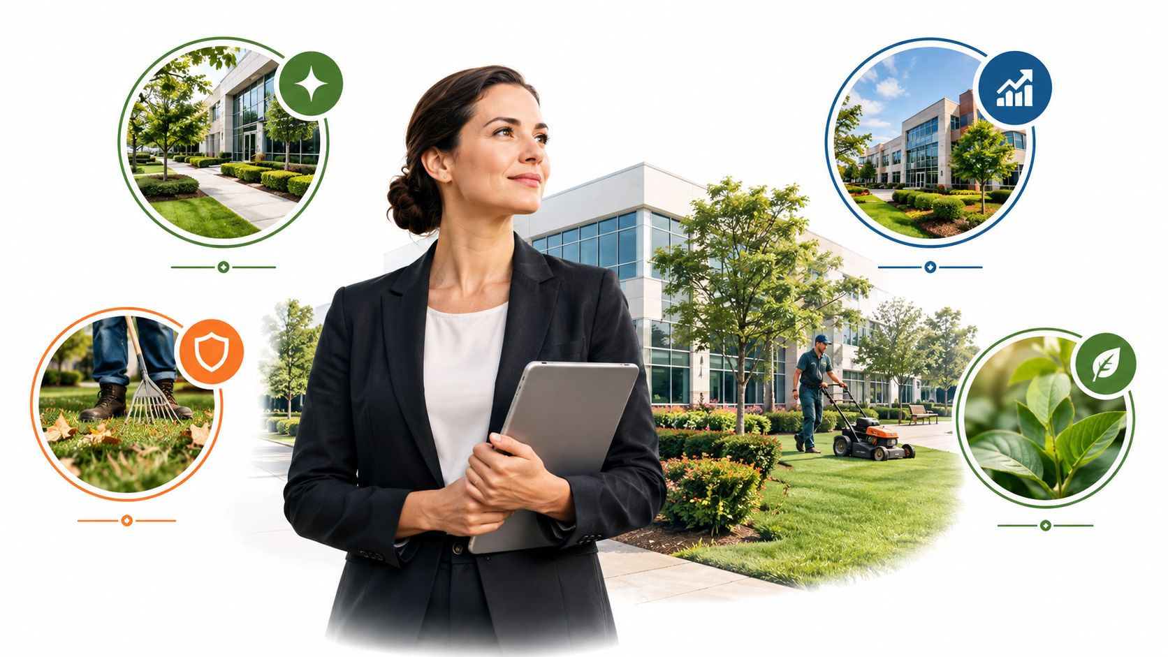 A professional manager holding a tablet with circular inset images showing commercial landscaping and grounds maintenance services.