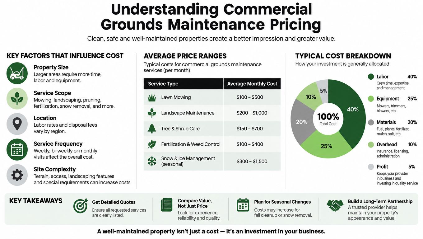 An infographic titled Understanding Commercial Grounds Maintenance Pricing showing cost factors, price ranges, and a cost breakdown.