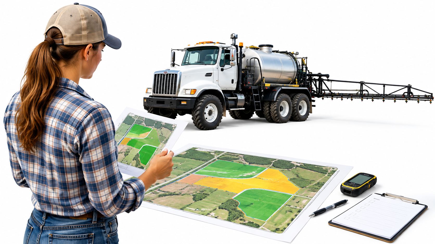 A female farmer inspecting field maps and planning agricultural spraying operations with a large industrial truck.