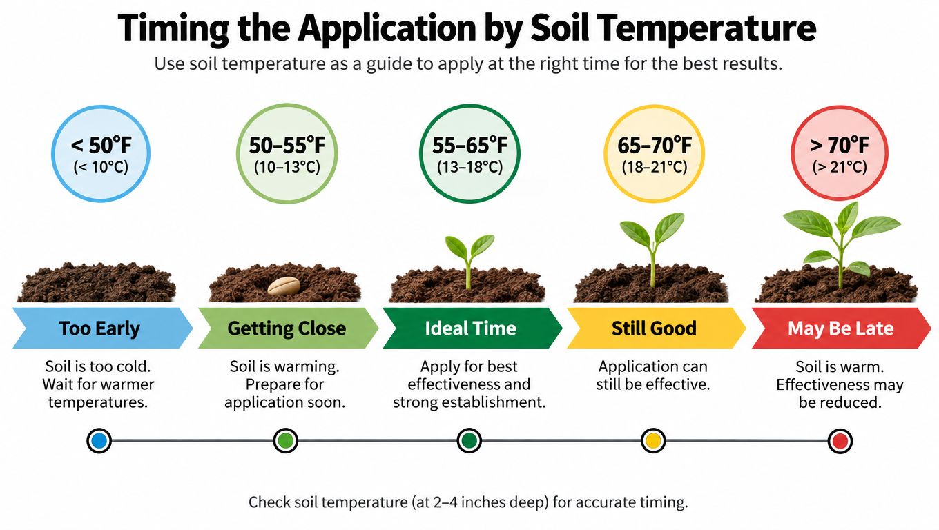 An infographic showing the ideal soil temperature ranges for applying fertilizer or seeds to ensure optimal plant growth.