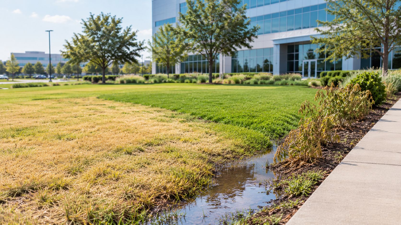 A landscape view showing dead grass and puddles, illustrating the negative effects of landscape over-irrigation on soil.