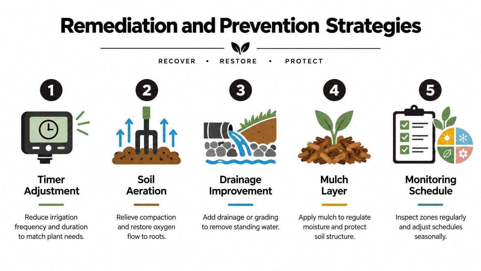 An infographic detailing five remediation and prevention strategies for managing over-irrigation and soil health issues.