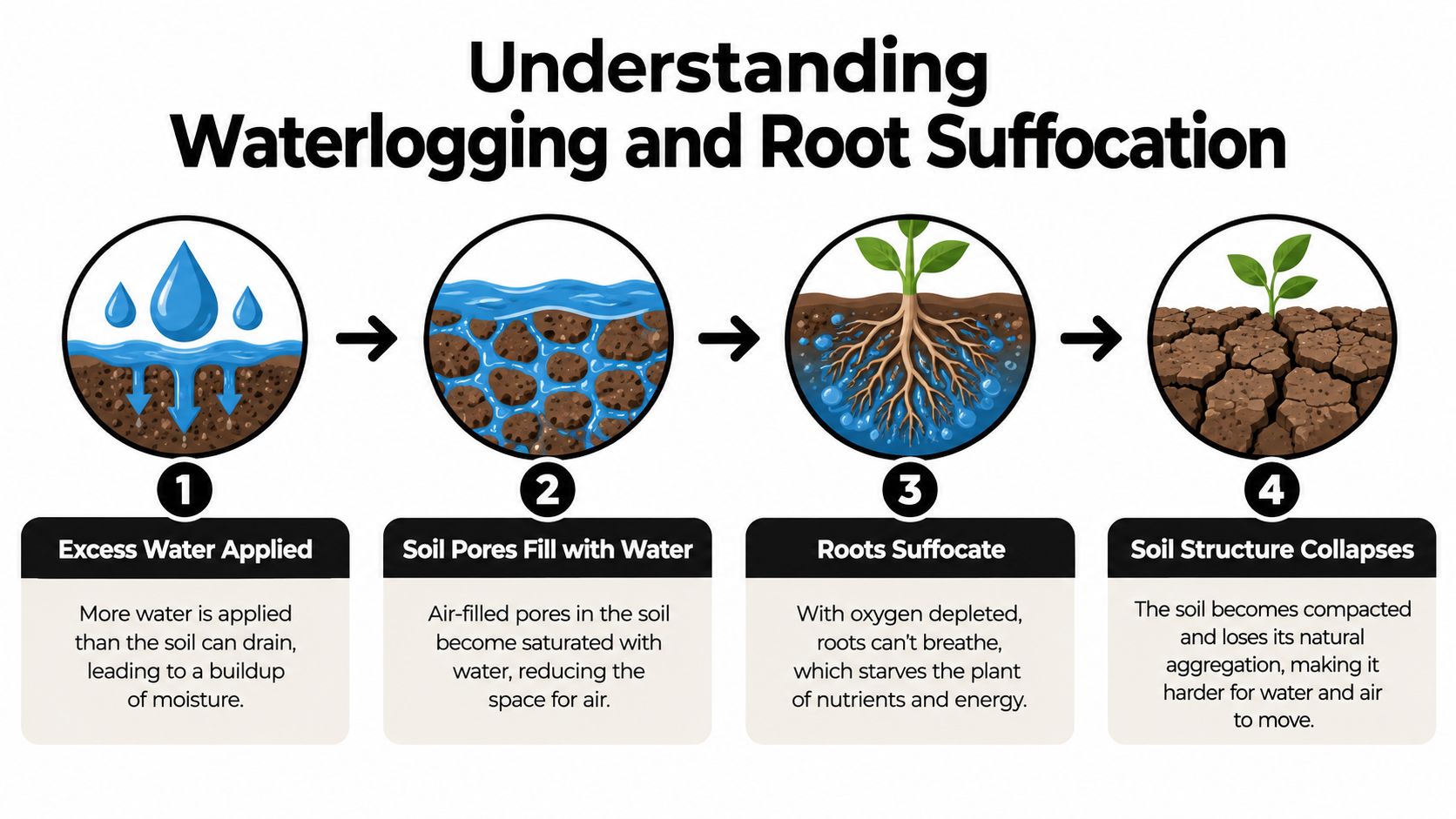A four-step infographic illustrating how excess irrigation leads to waterlogging, root suffocation, and degraded soil structure.