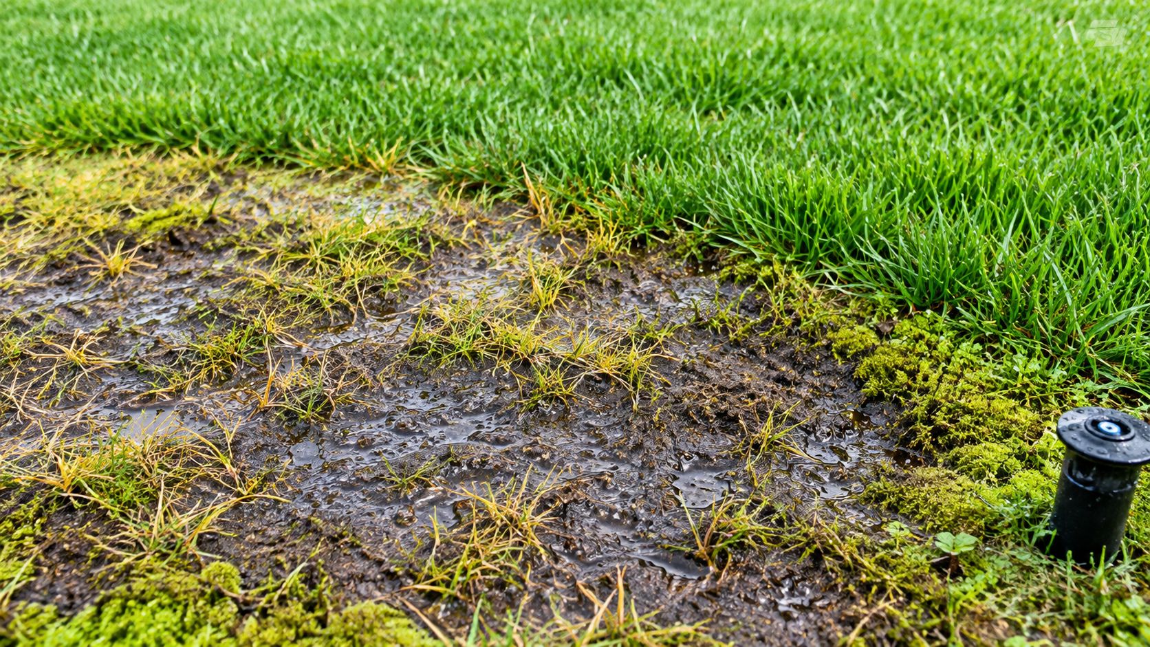A close-up view of a waterlogged, muddy lawn area next to a healthy green grassy patch.