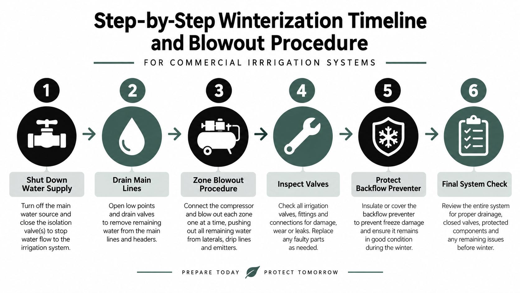 A six-step infographic detailing the professional procedure for winterizing commercial irrigation systems to prevent freeze damage.