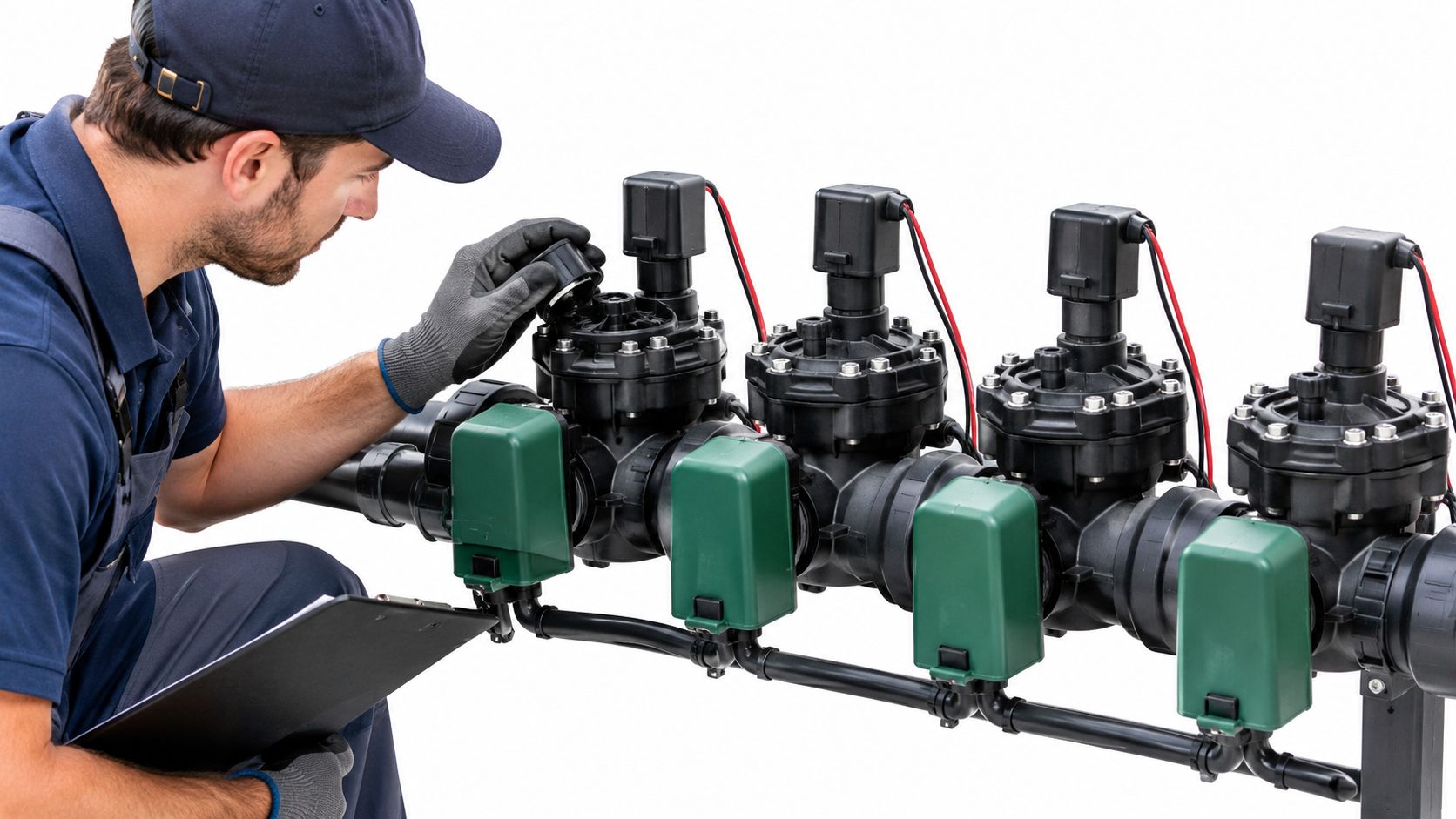 Professional technician inspecting an irrigation system manifold and valves for maintenance and repair services.