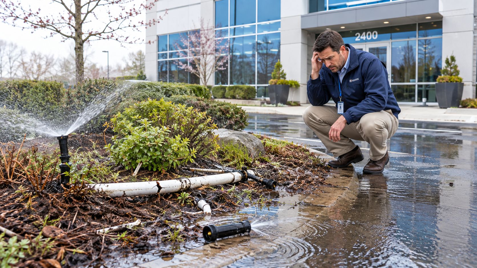 A concerned maintenance worker inspecting a damaged irrigation system leaking water onto a commercial office parking lot.