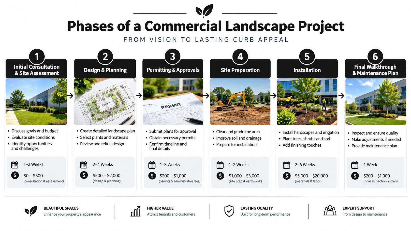 A six-phase infographic detailing the process of a commercial landscape design build project from vision to maintenance.