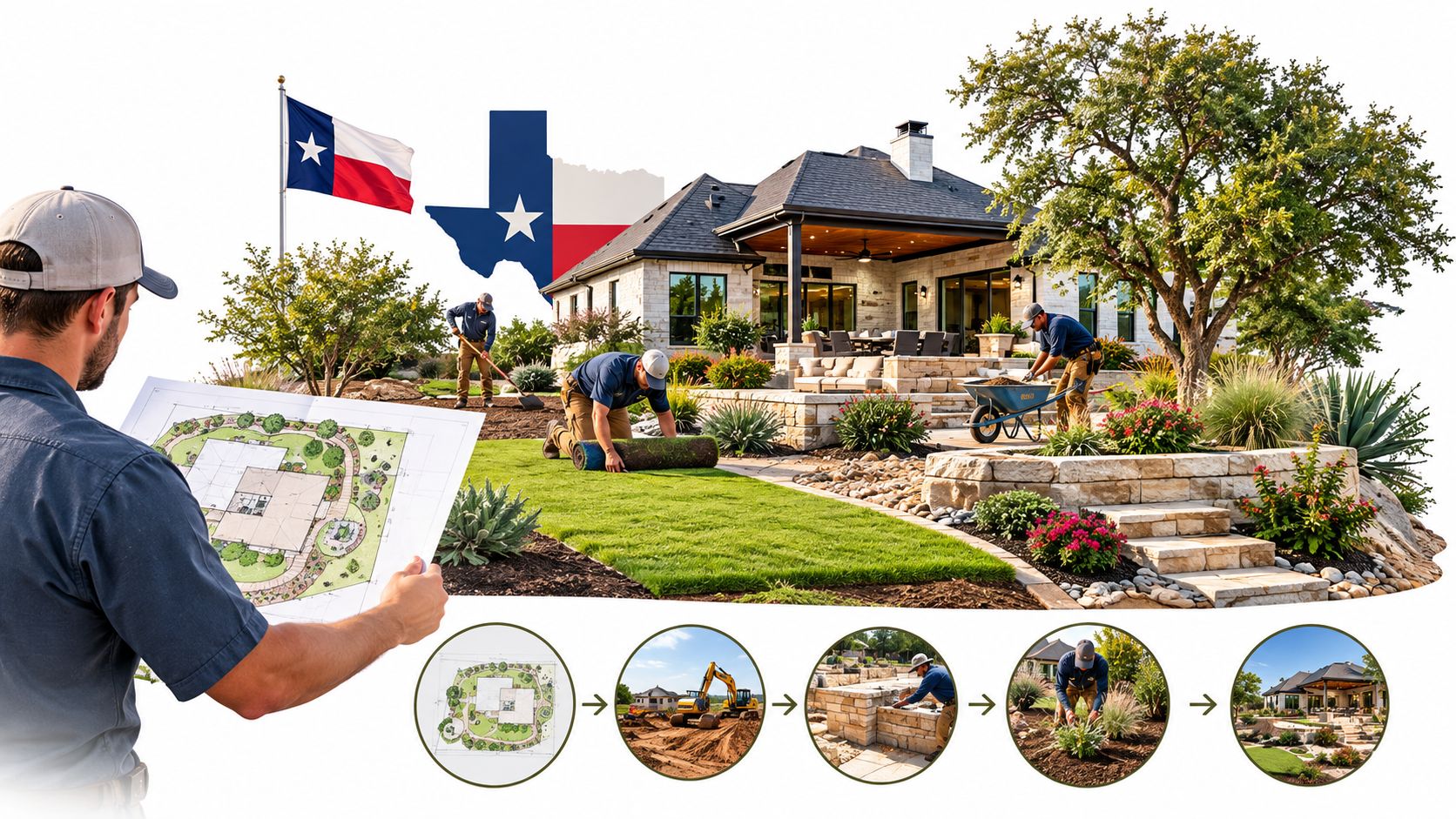 A professional landscaper holds a blueprint while crew members install sod and stone hardscaping at a modern home.