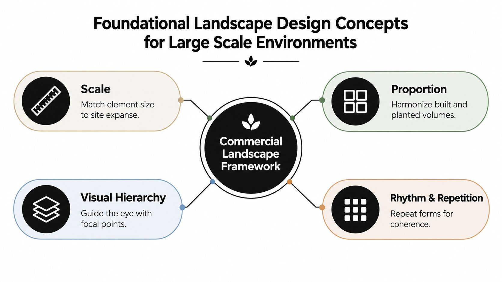 A diagram illustrating four foundational landscape design concepts for large scale commercial environments: scale, proportion, hierarchy, and rhythm.