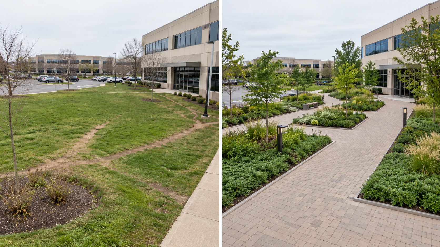 A side-by-side comparison showing a worn-down dirt path being replaced by a professionally designed landscape garden.