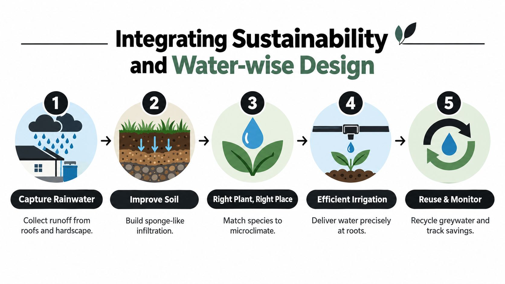 An infographic showing five steps for integrating sustainability and water-wise design in landscape planning and maintenance.