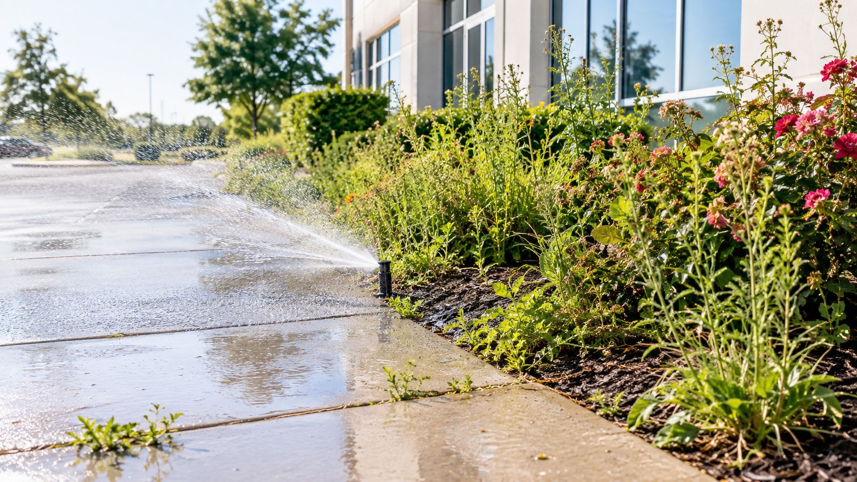 A sprinkler watering a landscaped flower bed next to a concrete sidewalk in front of a building.