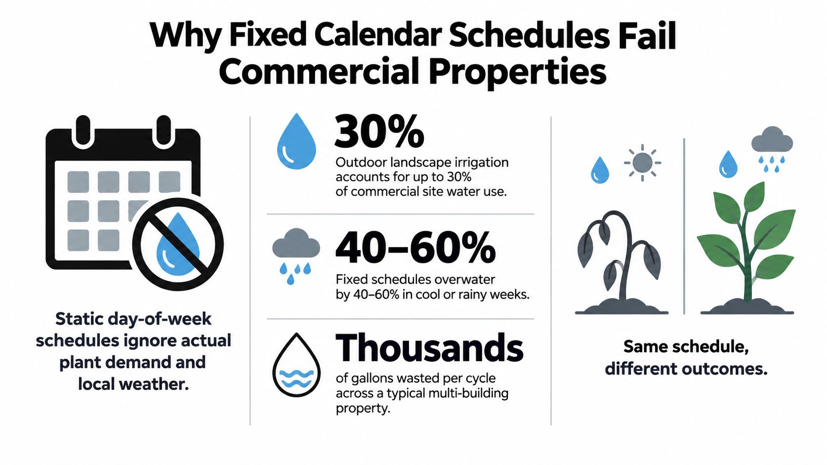 An infographic showing why fixed calendar irrigation schedules cause water waste at commercial properties.