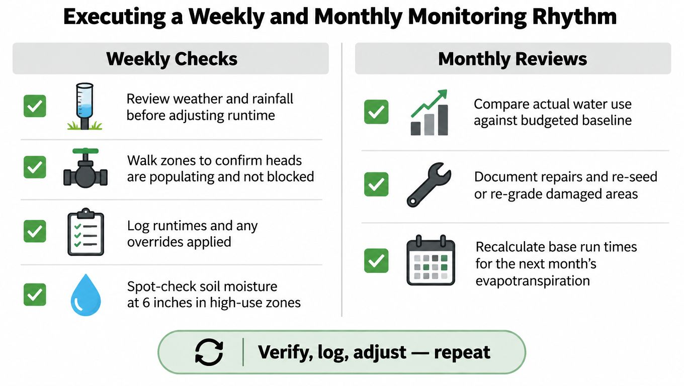 An infographic detailing a weekly and monthly monitoring rhythm for maintaining an efficient landscape irrigation schedule.