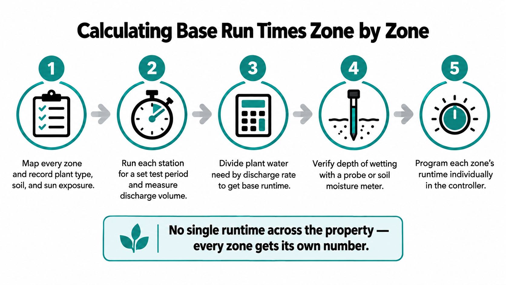 A step-by-step infographic showing how to calculate irrigation run times for individual landscape zones.