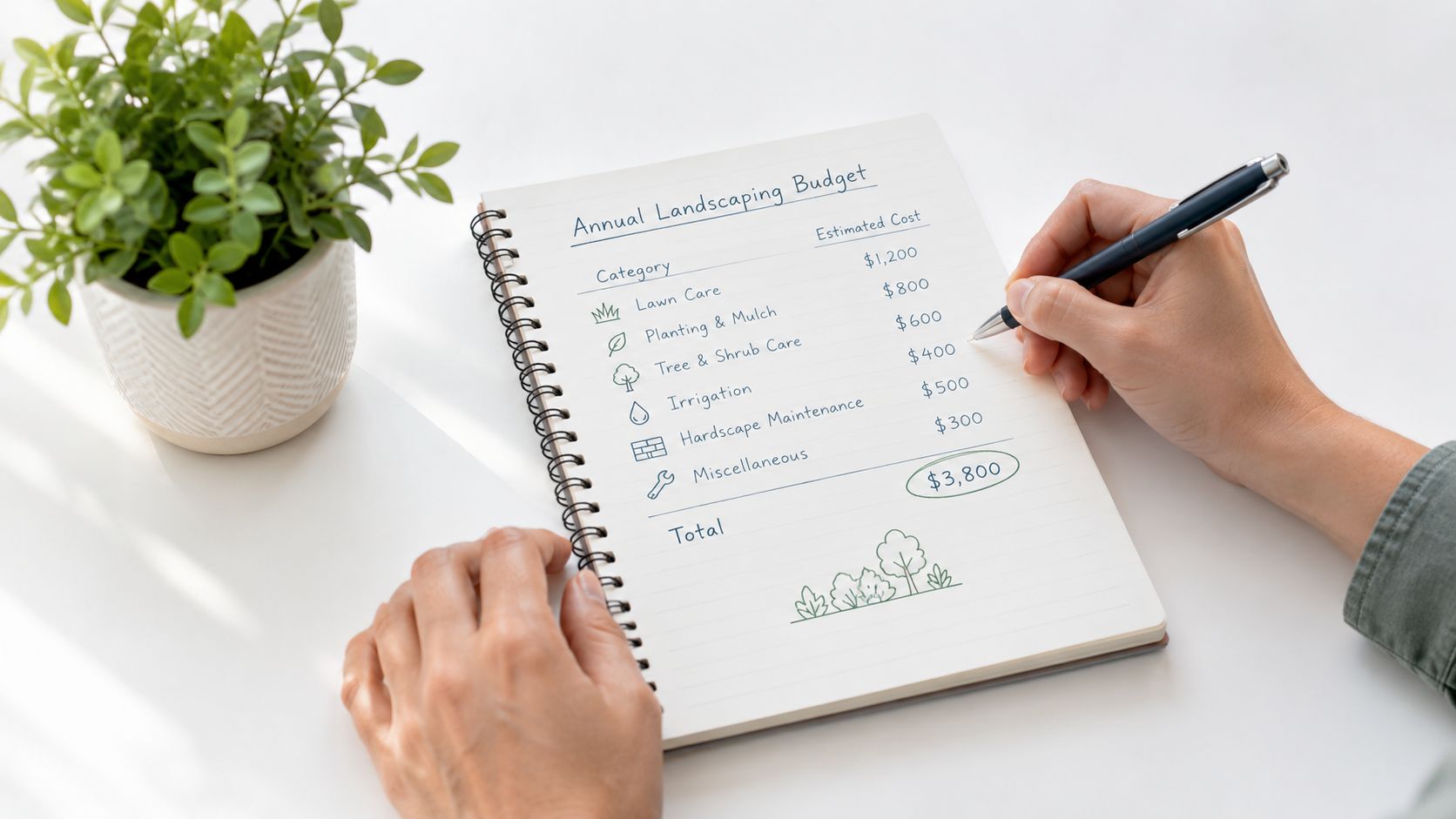 A person writing an annual landscaping budget list in a spiral notebook on a white desk.