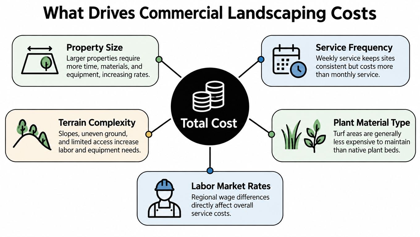 A diagram outlining the five primary factors that influence the total cost of commercial landscaping services.