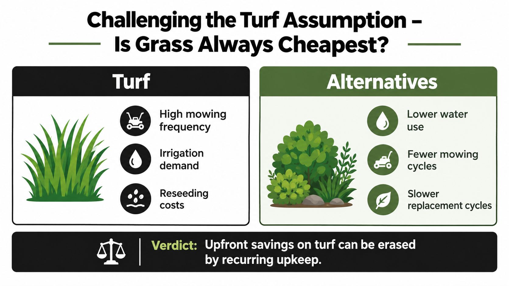 A comparison graphic showing that turf requires more maintenance compared to sustainable landscaping alternatives.