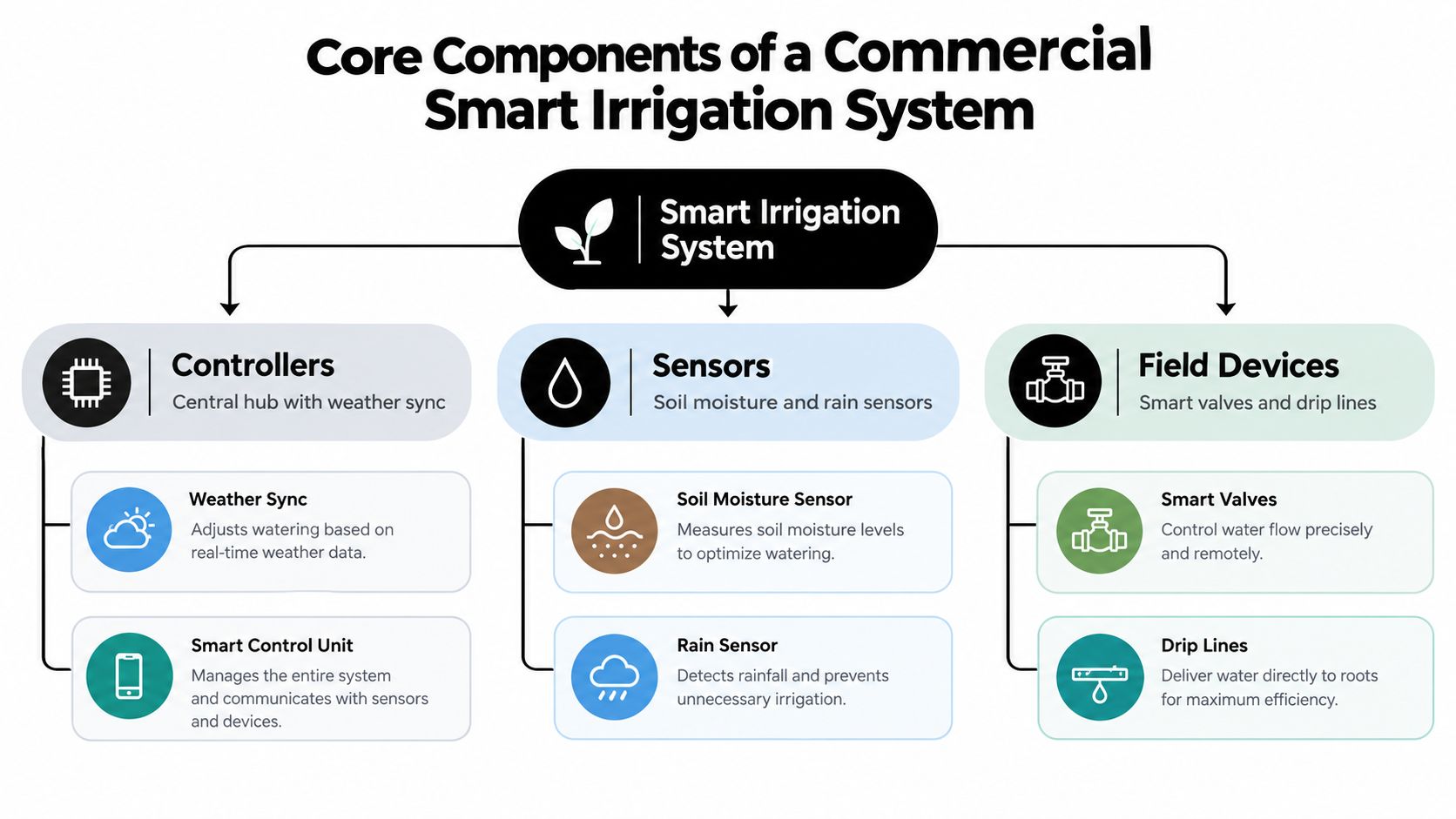 A diagram illustrating the core components of a commercial smart irrigation system including controllers, sensors, and field devices.